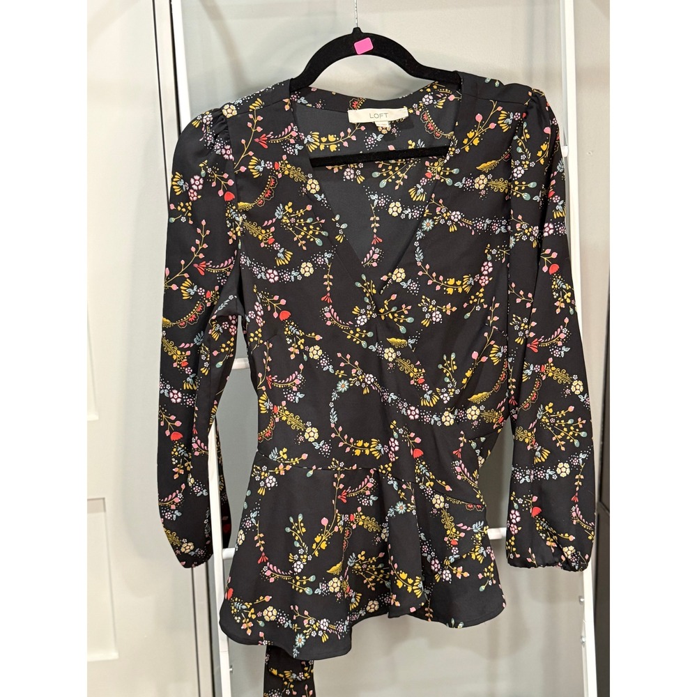 LOFT Black Floral Wrap Peplum Blouse Long Sleeve V-Neck Top Size M Whimsigoth